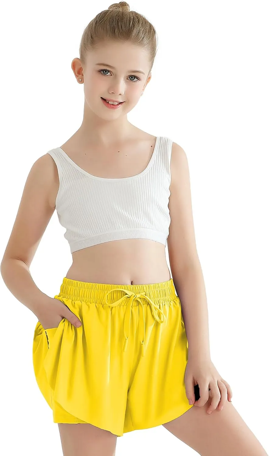 Girls Flowy Athletic Shorts with Pocket Kids Spandex 2 in 1 Drawstring Butterfly Skorts for Cheer, Dance, Running