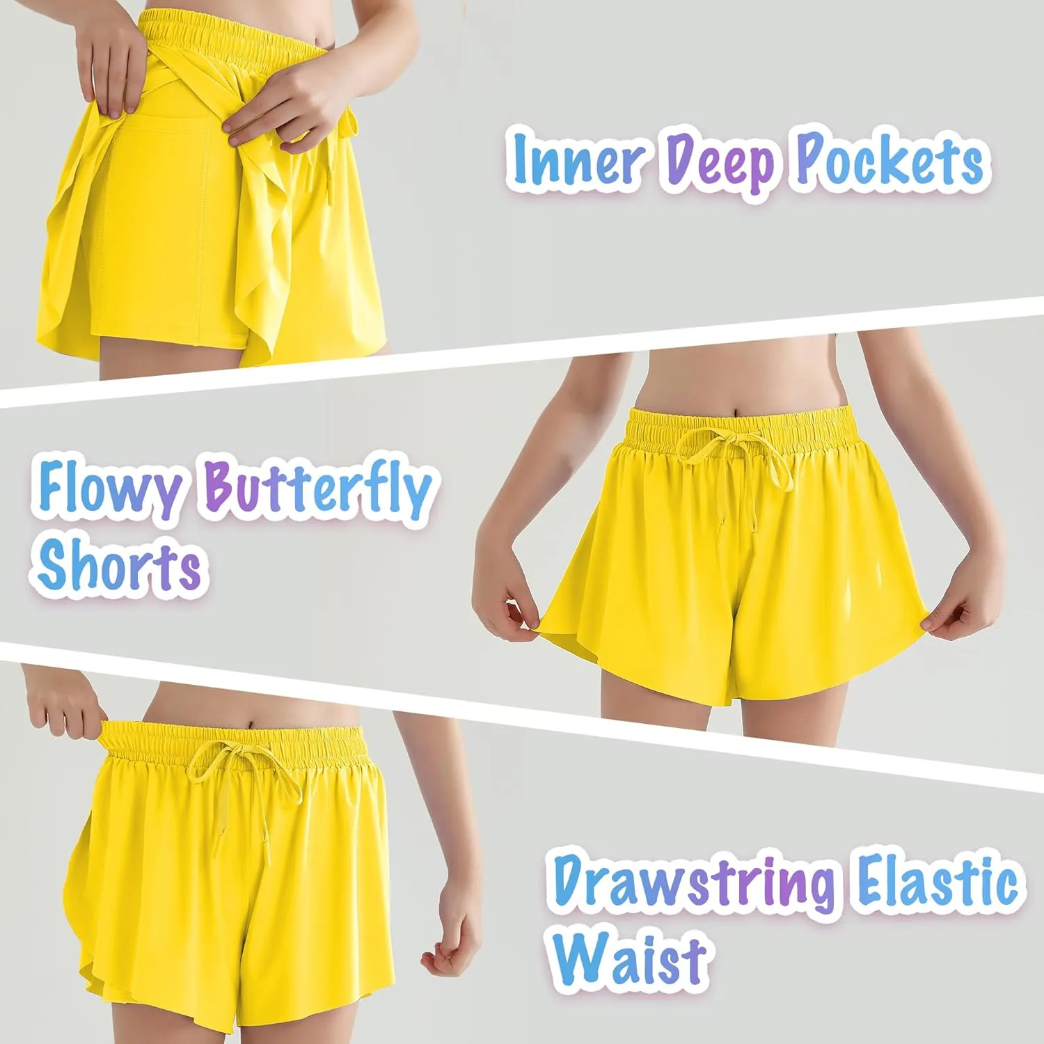 Girls Flowy Athletic Shorts with Pocket Kids Spandex 2 in 1 Drawstring Butterfly Skorts for Cheer, Dance, Running