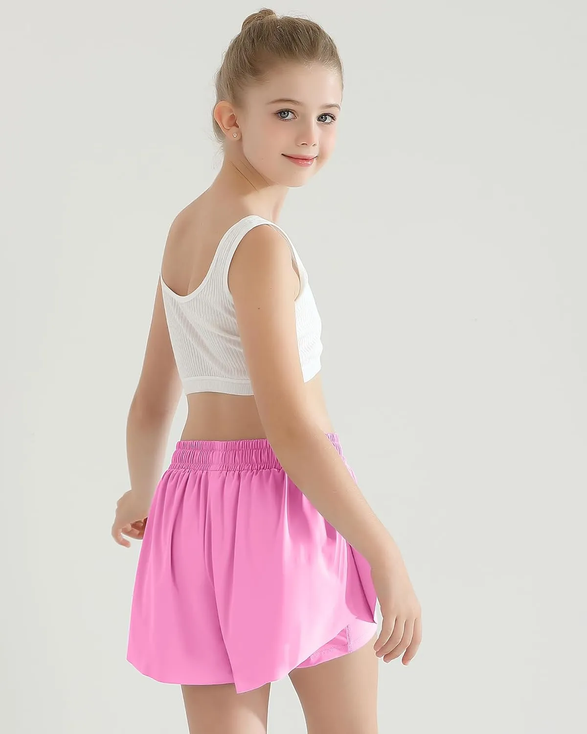 Girls Flowy Athletic Shorts with Pocket Kids Spandex 2 in 1 Drawstring Butterfly Skorts for Cheer, Dance, Running