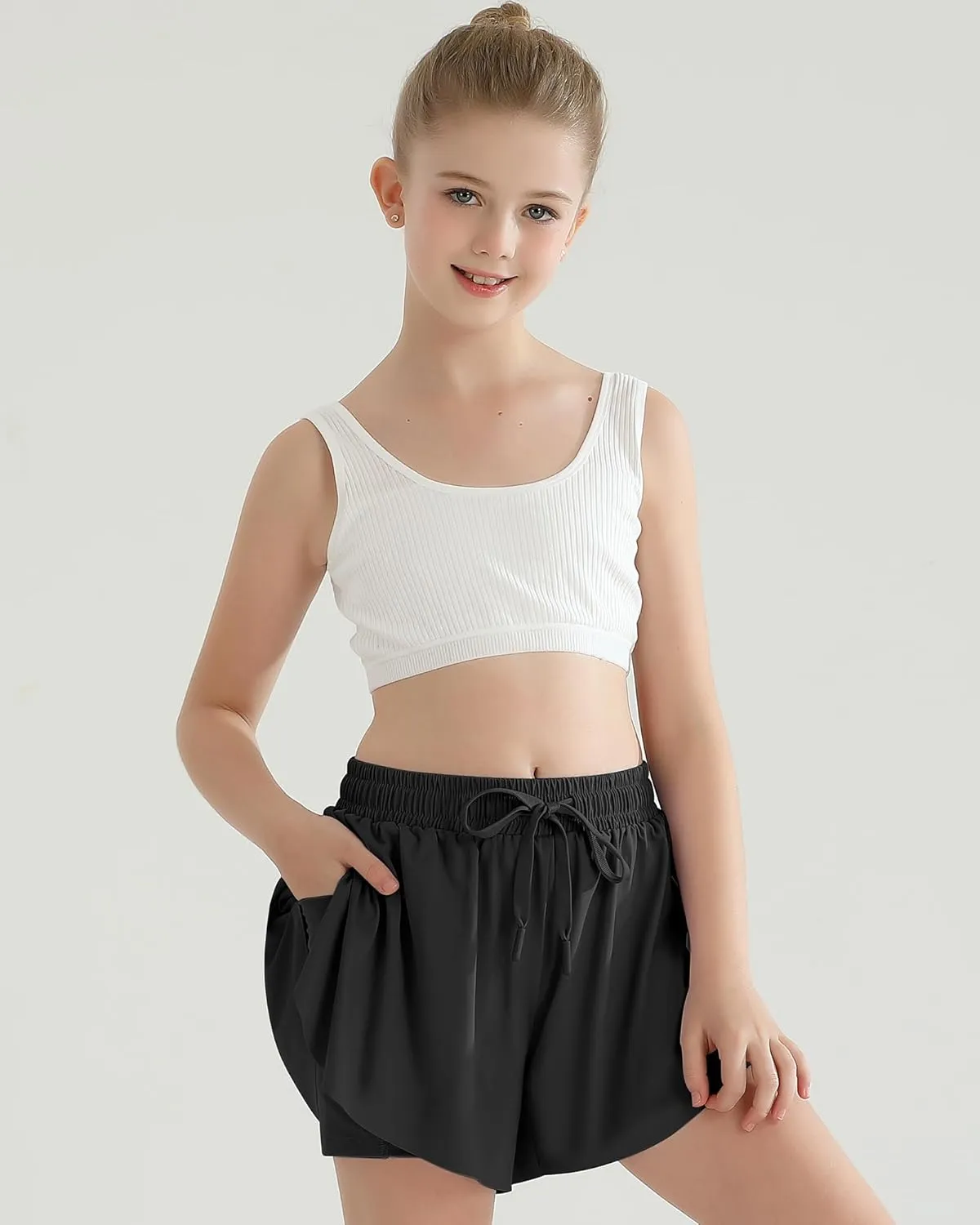 Girls Flowy Athletic Shorts with Pocket Kids Spandex 2 in 1 Drawstring Butterfly Skorts for Cheer, Dance, Running