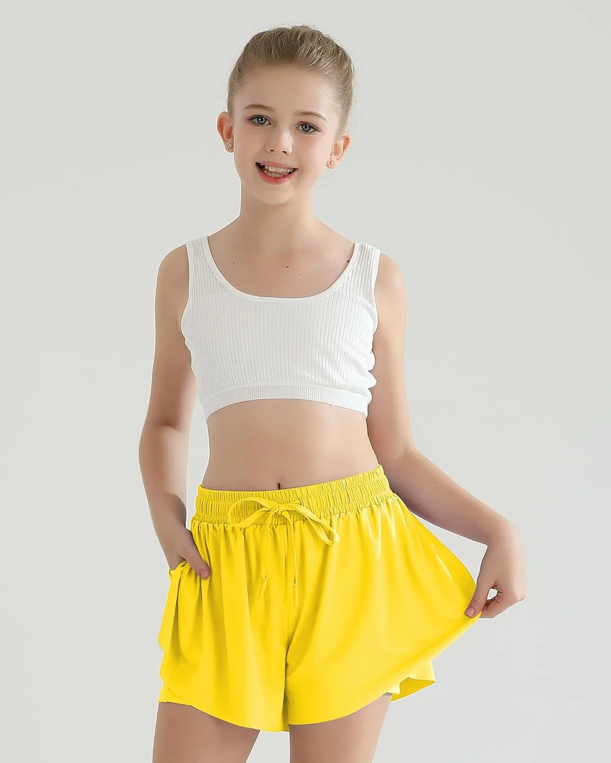 Girls Flowy Athletic Shorts with Pocket Kids Spandex 2 in 1 Drawstring Butterfly Skorts for Cheer, Dance, Running