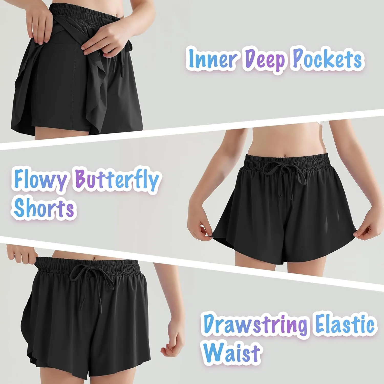 Girls Flowy Athletic Shorts with Pocket Kids Spandex 2 in 1 Drawstring Butterfly Skorts for Cheer, Dance, Running