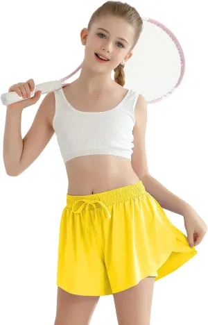 Girls Flowy Athletic Shorts with Pocket Kids Spandex 2 in 1 Drawstring Butterfly Skorts for Cheer, Dance, Running