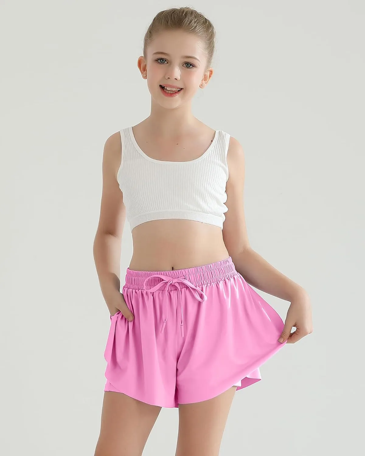 Girls Flowy Athletic Shorts with Pocket Kids Spandex 2 in 1 Drawstring Butterfly Skorts for Cheer, Dance, Running
