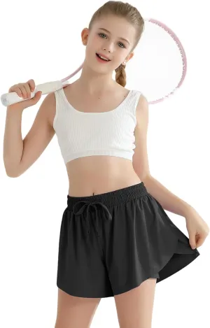 Girls Flowy Athletic Shorts with Pocket Kids Spandex 2 in 1 Drawstring Butterfly Skorts for Cheer, Dance, Running