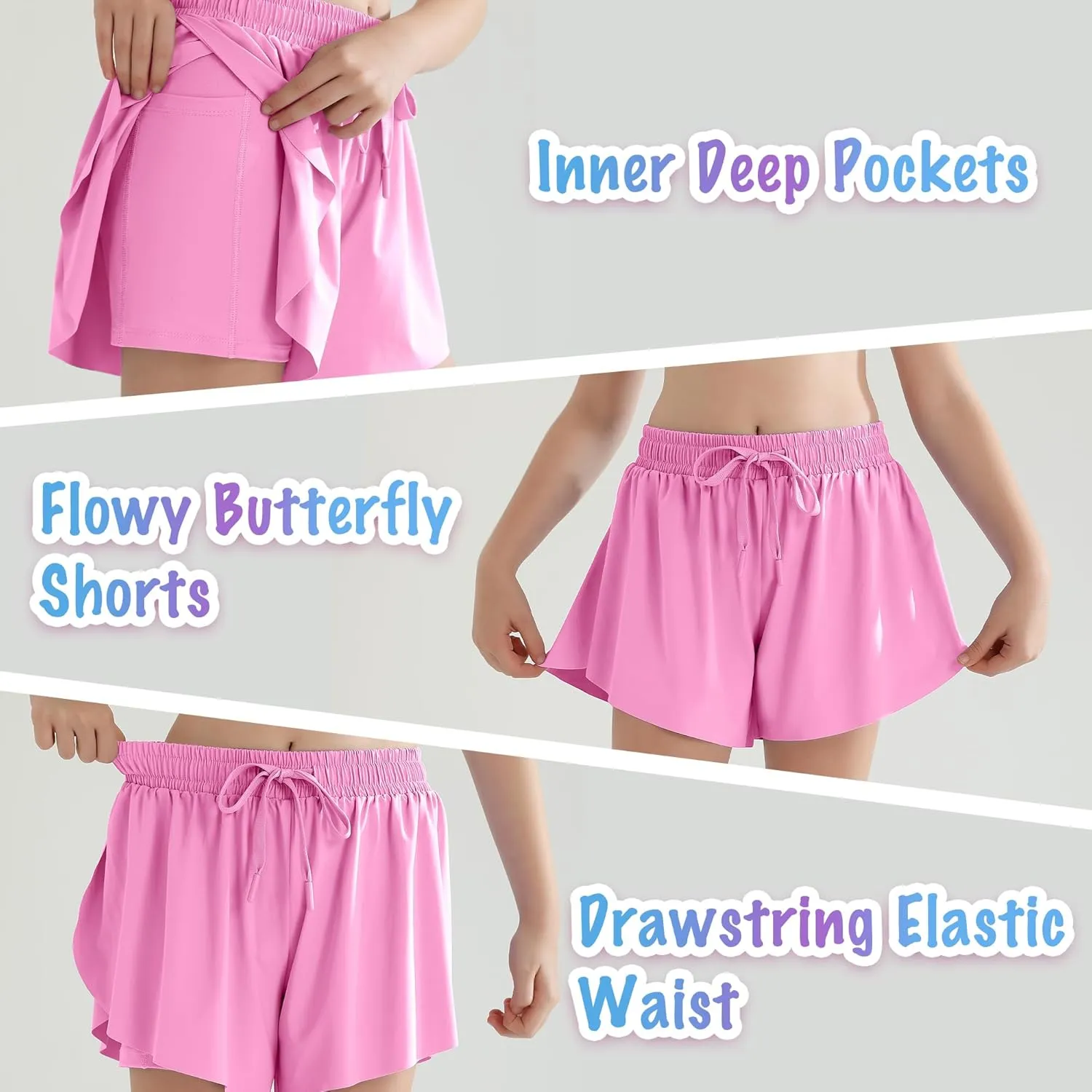 Girls Flowy Athletic Shorts with Pocket Kids Spandex 2 in 1 Drawstring Butterfly Skorts for Cheer, Dance, Running