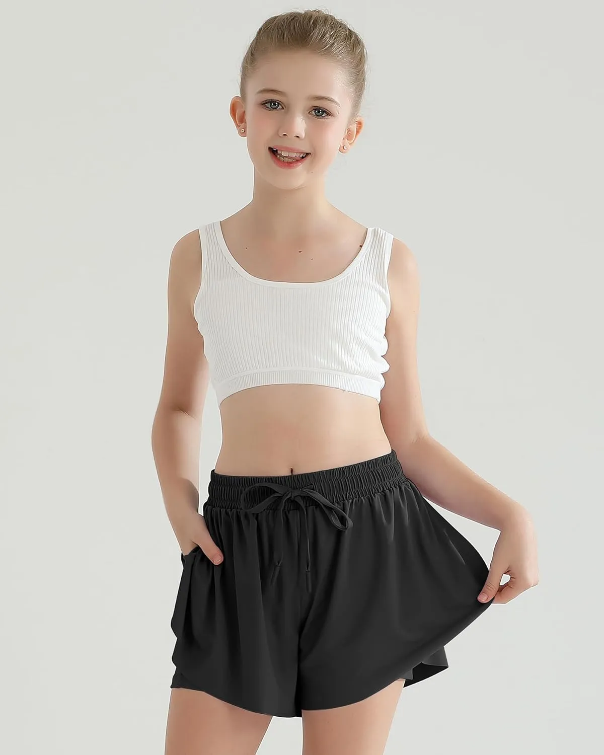 Girls Flowy Athletic Shorts with Pocket Kids Spandex 2 in 1 Drawstring Butterfly Skorts for Cheer, Dance, Running