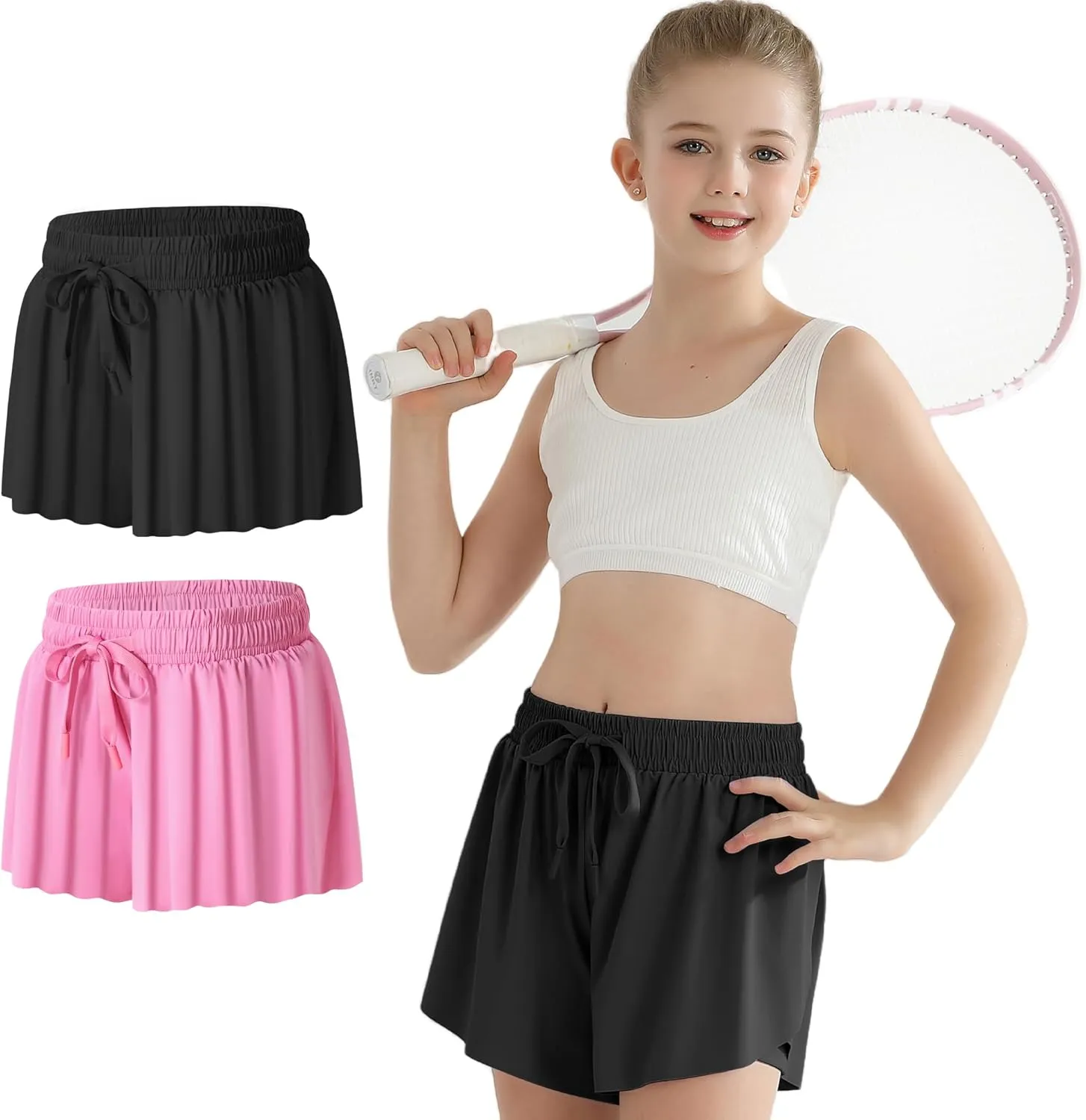 Girls Flowy Athletic Shorts with Pocket Kids Spandex 2 in 1 Drawstring Butterfly Skorts for Cheer, Dance, Running