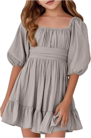 Girls Summer Dress Lantern Sleeve Bow Tie Backless Dresses Ruffle A Line Casual Dresses Tween Pleated Mini Dress