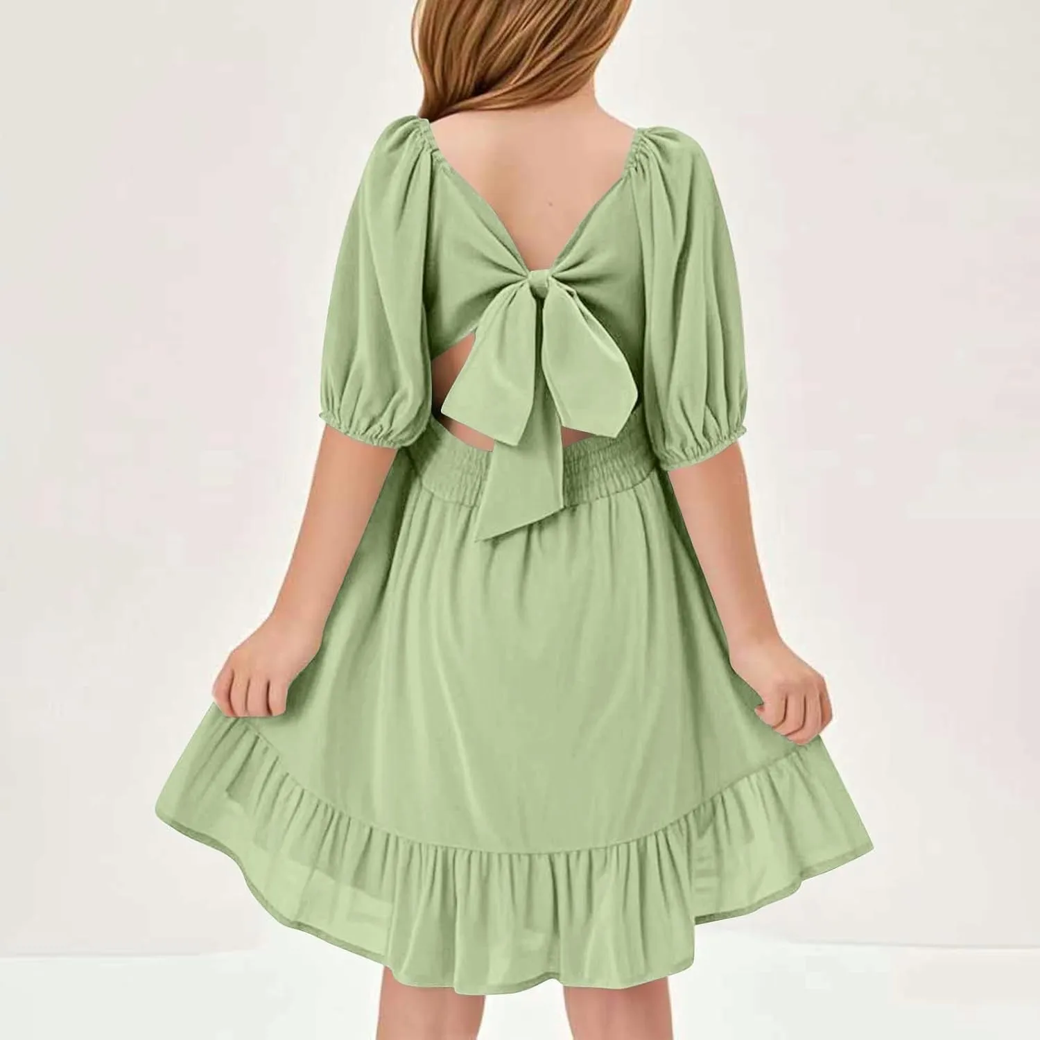 Girls Summer Dress Lantern Sleeve Bow Tie Backless Dresses Ruffle A Line Casual Dresses Tween Pleated Mini Dress