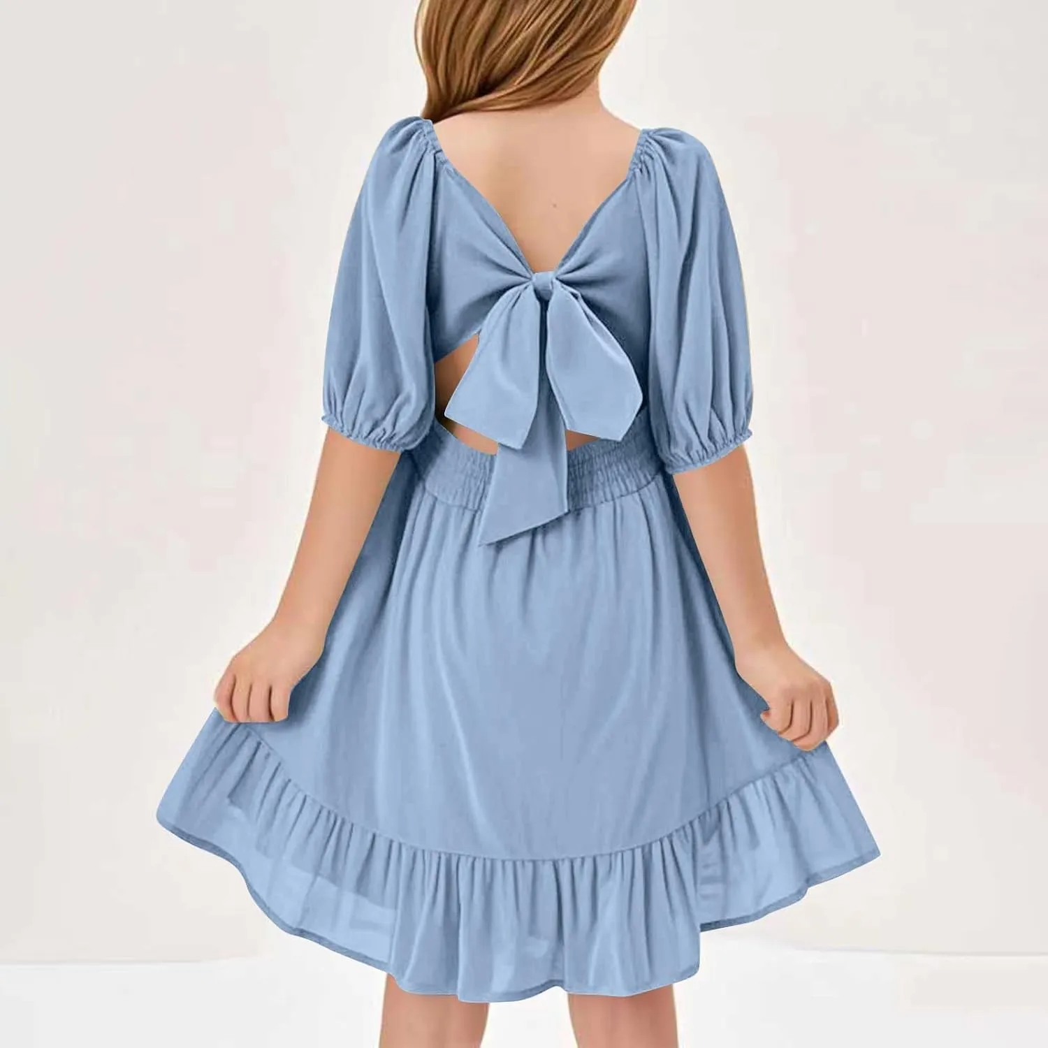 Girls Summer Dress Lantern Sleeve Bow Tie Backless Dresses Ruffle A Line Casual Dresses Tween Pleated Mini Dress