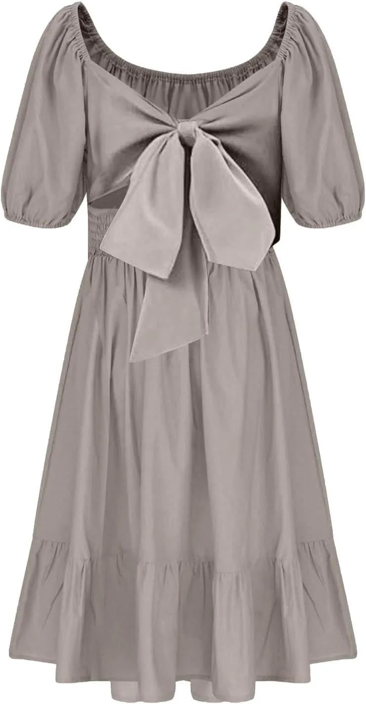Girls Summer Dress Lantern Sleeve Bow Tie Backless Dresses Ruffle A Line Casual Dresses Tween Pleated Mini Dress