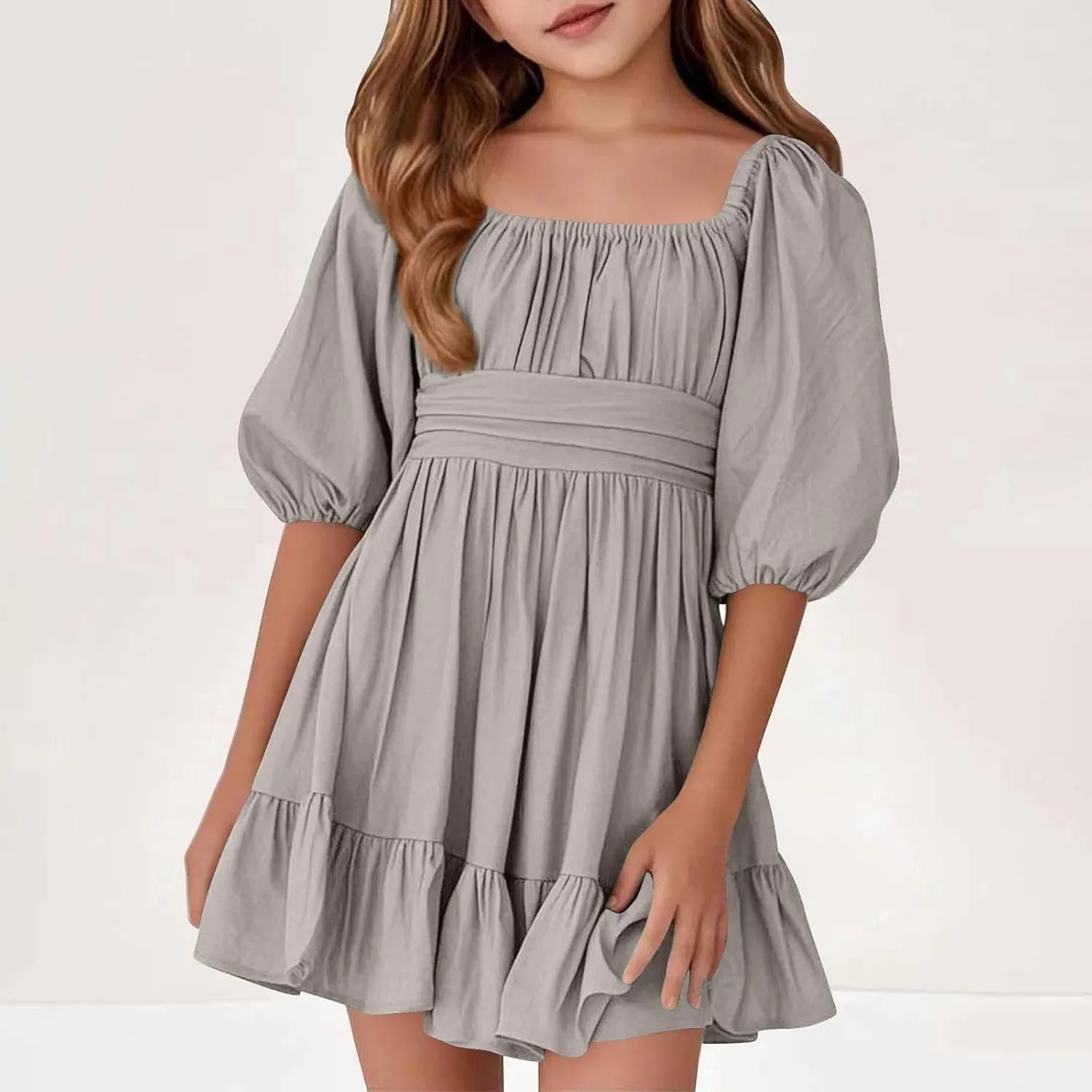Girls Summer Dress Lantern Sleeve Bow Tie Backless Dresses Ruffle A Line Casual Dresses Tween Pleated Mini Dress
