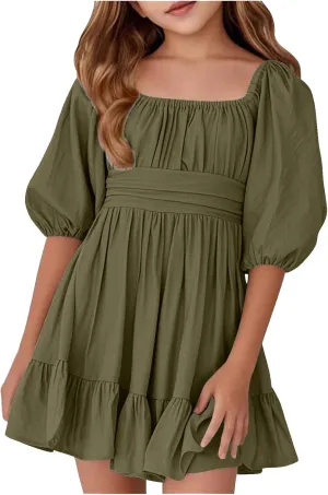 Girls Summer Dress Lantern Sleeve Bow Tie Backless Dresses Ruffle A Line Casual Dresses Tween Pleated Mini Dress
