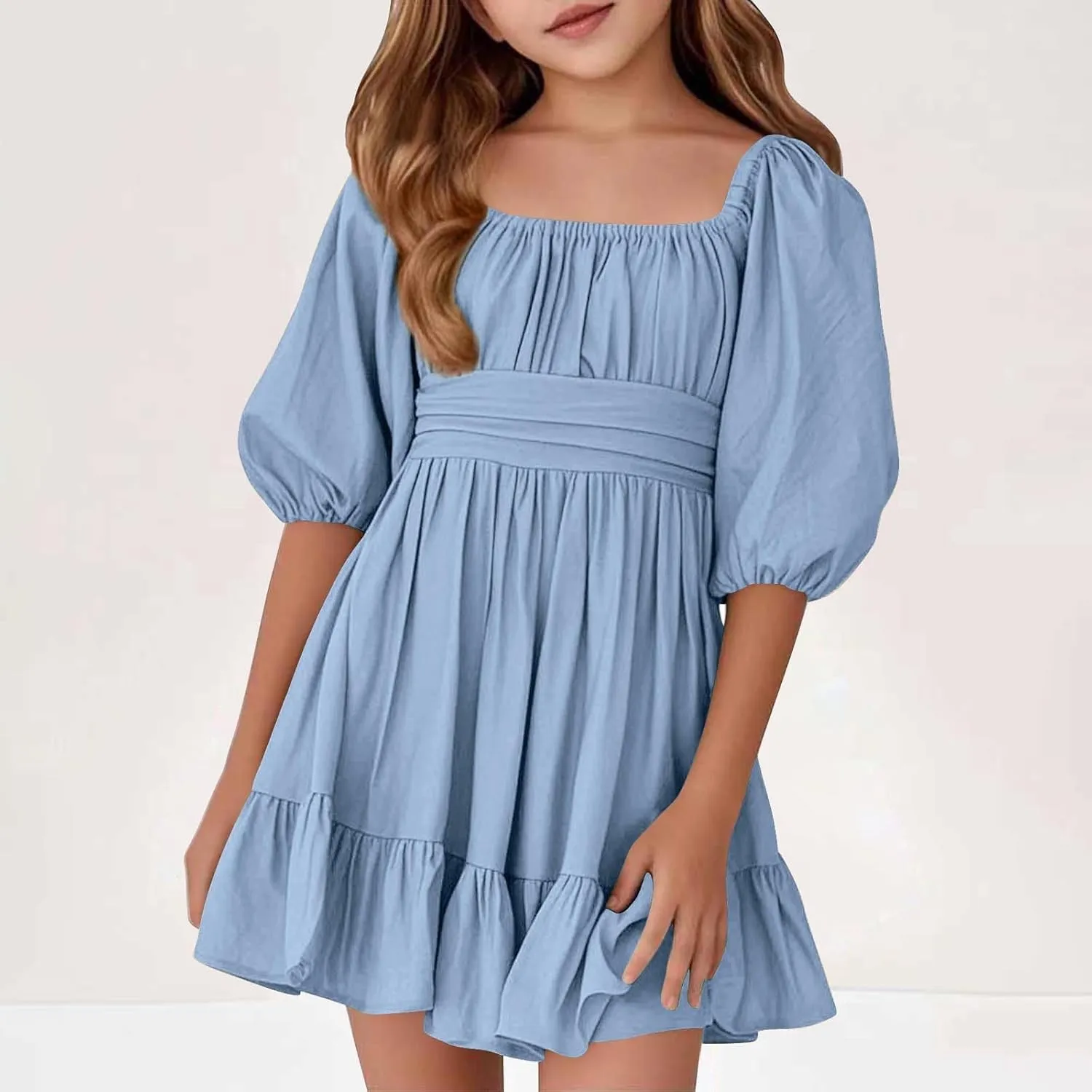 Girls Summer Dress Lantern Sleeve Bow Tie Backless Dresses Ruffle A Line Casual Dresses Tween Pleated Mini Dress