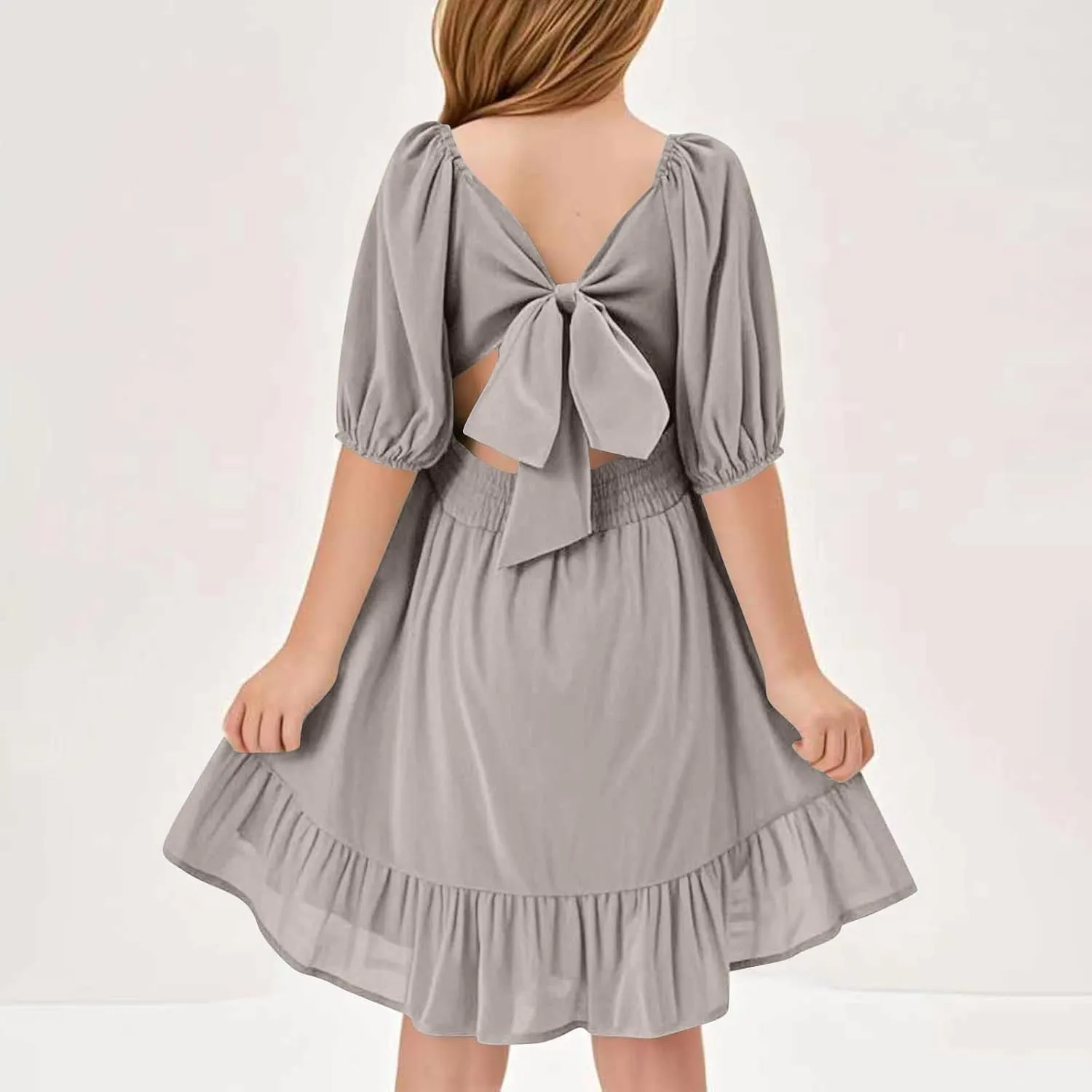 Girls Summer Dress Lantern Sleeve Bow Tie Backless Dresses Ruffle A Line Casual Dresses Tween Pleated Mini Dress