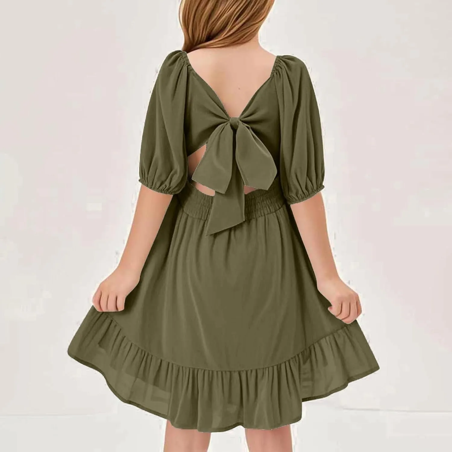 Girls Summer Dress Lantern Sleeve Bow Tie Backless Dresses Ruffle A Line Casual Dresses Tween Pleated Mini Dress