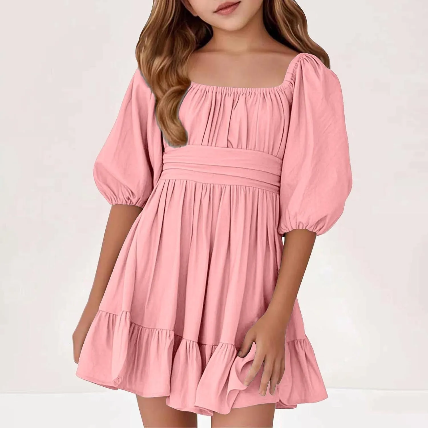 Girls Summer Dress Lantern Sleeve Bow Tie Backless Dresses Ruffle A Line Casual Dresses Tween Pleated Mini Dress
