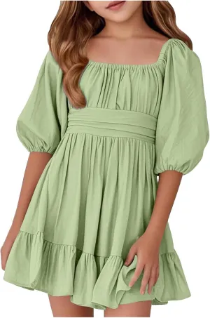 Girls Summer Dress Lantern Sleeve Bow Tie Backless Dresses Ruffle A Line Casual Dresses Tween Pleated Mini Dress