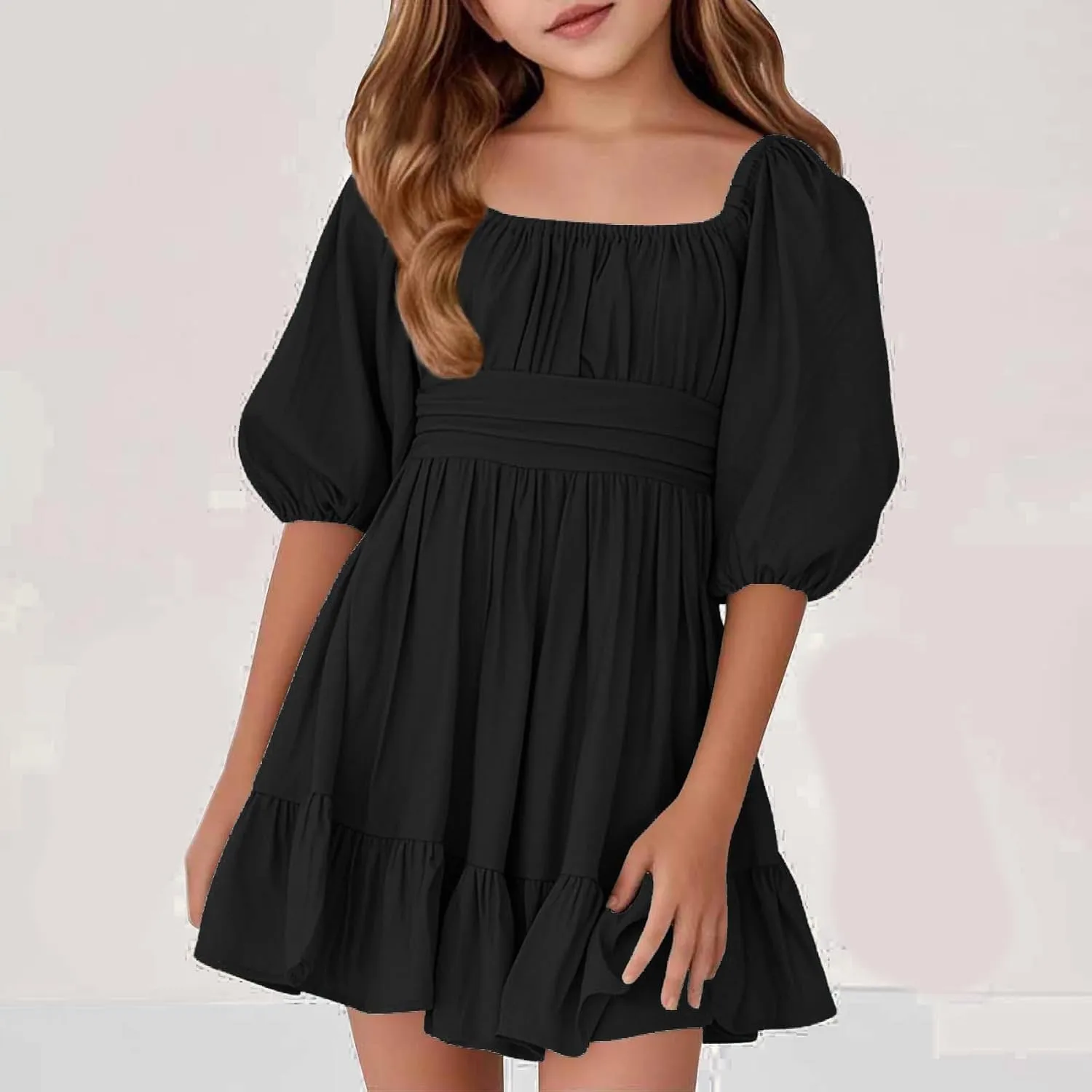 Girls Summer Dress Lantern Sleeve Bow Tie Backless Dresses Ruffle A Line Casual Dresses Tween Pleated Mini Dress