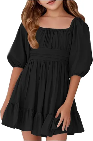 Girls Summer Dress Lantern Sleeve Bow Tie Backless Dresses Ruffle A Line Casual Dresses Tween Pleated Mini Dress