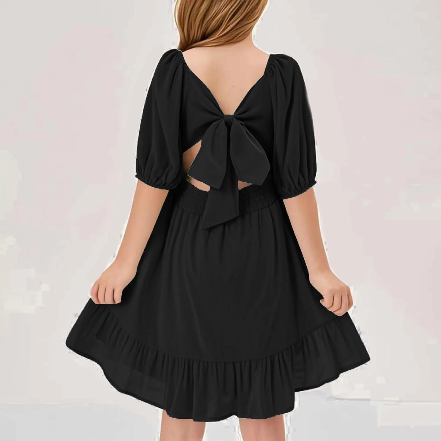 Girls Summer Dress Lantern Sleeve Bow Tie Backless Dresses Ruffle A Line Casual Dresses Tween Pleated Mini Dress