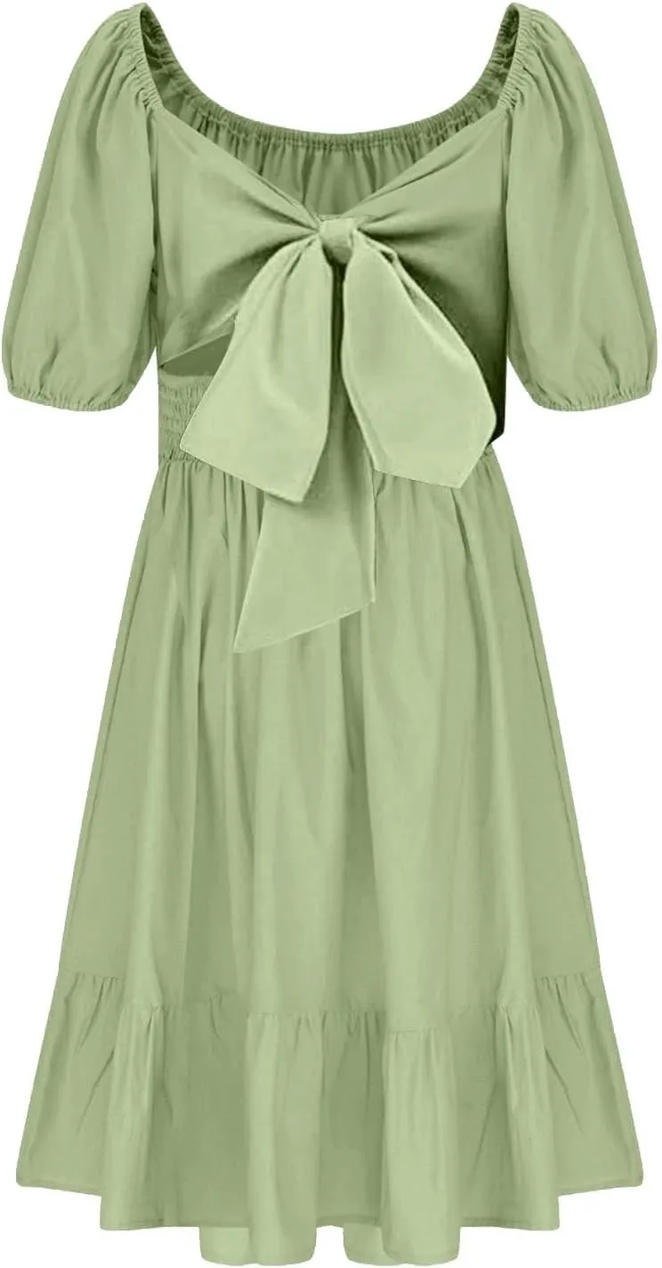 Girls Summer Dress Lantern Sleeve Bow Tie Backless Dresses Ruffle A Line Casual Dresses Tween Pleated Mini Dress