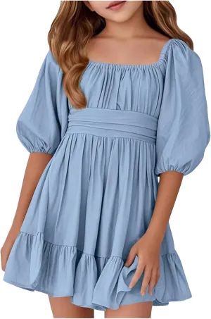 Girls Summer Dress Lantern Sleeve Bow Tie Backless Dresses Ruffle A Line Casual Dresses Tween Pleated Mini Dress