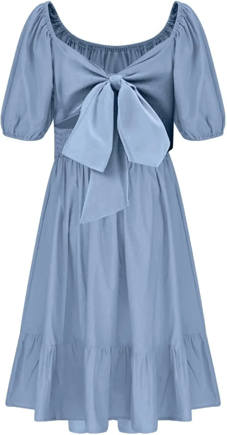 Girls Summer Dress Lantern Sleeve Bow Tie Backless Dresses Ruffle A Line Casual Dresses Tween Pleated Mini Dress
