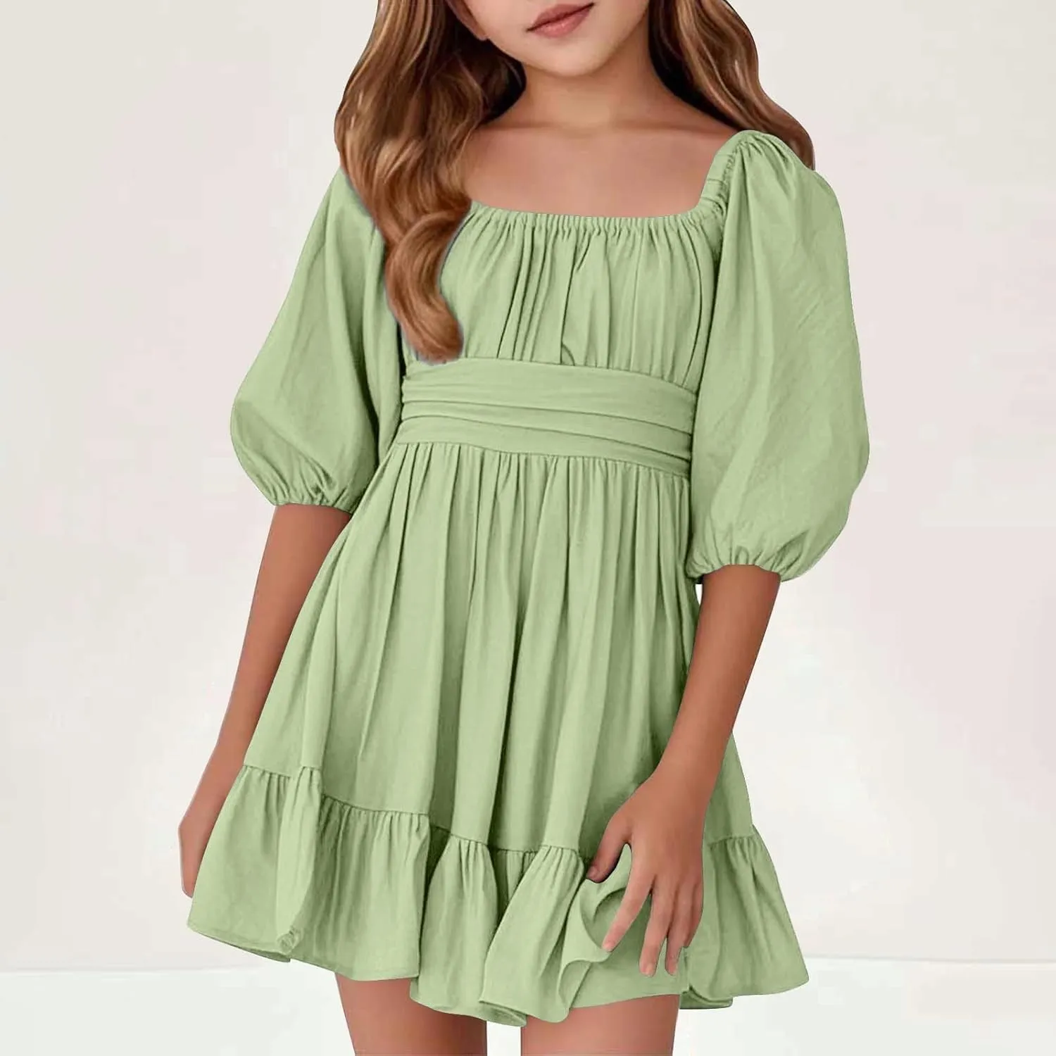 Girls Summer Dress Lantern Sleeve Bow Tie Backless Dresses Ruffle A Line Casual Dresses Tween Pleated Mini Dress