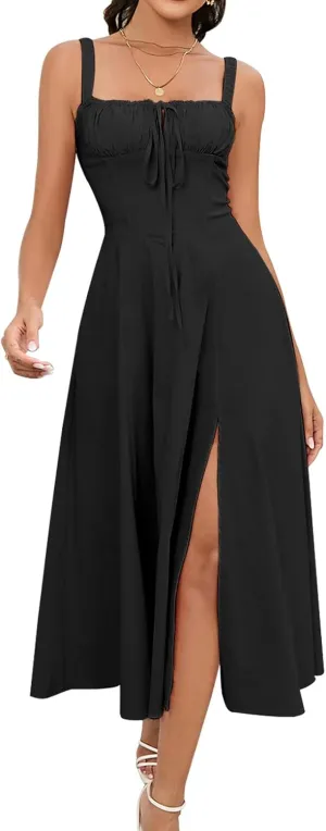 GLNEGE Women's Summer Milkmaid Midi Dresses Casual Corset Flowy Graduation Square Neck Dress Lace Up A-line Sundress 2025