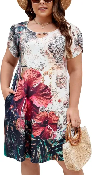 Halife Women's Plus Size Summer Dresses with Pockets Floral Beach Boho Tunic Dresses Flowy Sundresses