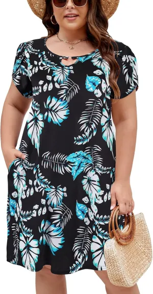 Halife Women's Plus Size Summer Dresses with Pockets Floral Beach Boho Tunic Dresses Flowy Sundresses