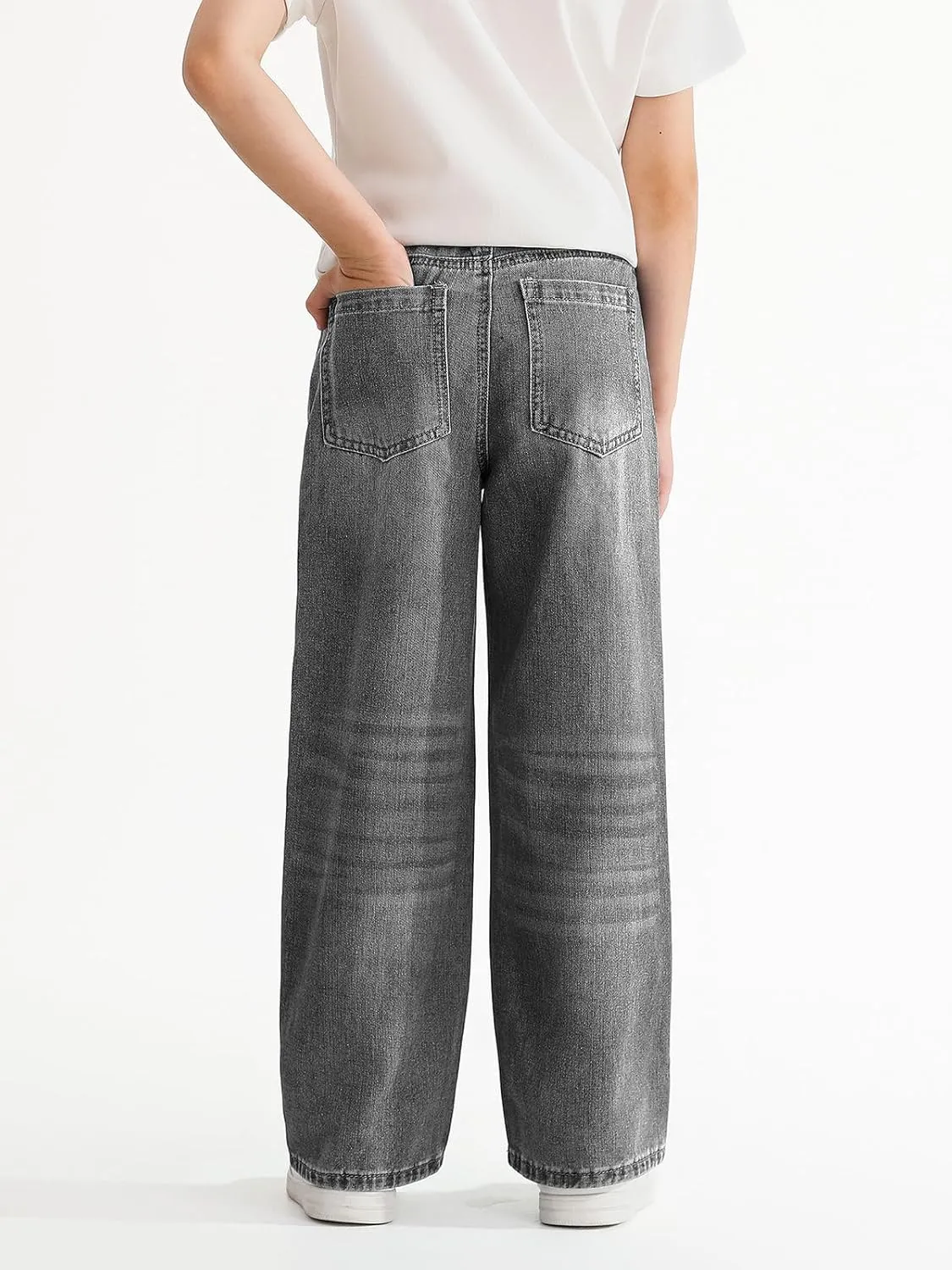 Haloumoning Boys Casual Baggy Denim Pants Kids Elastic Waist Wide Leg Jeans with Pockets 5-14 Years