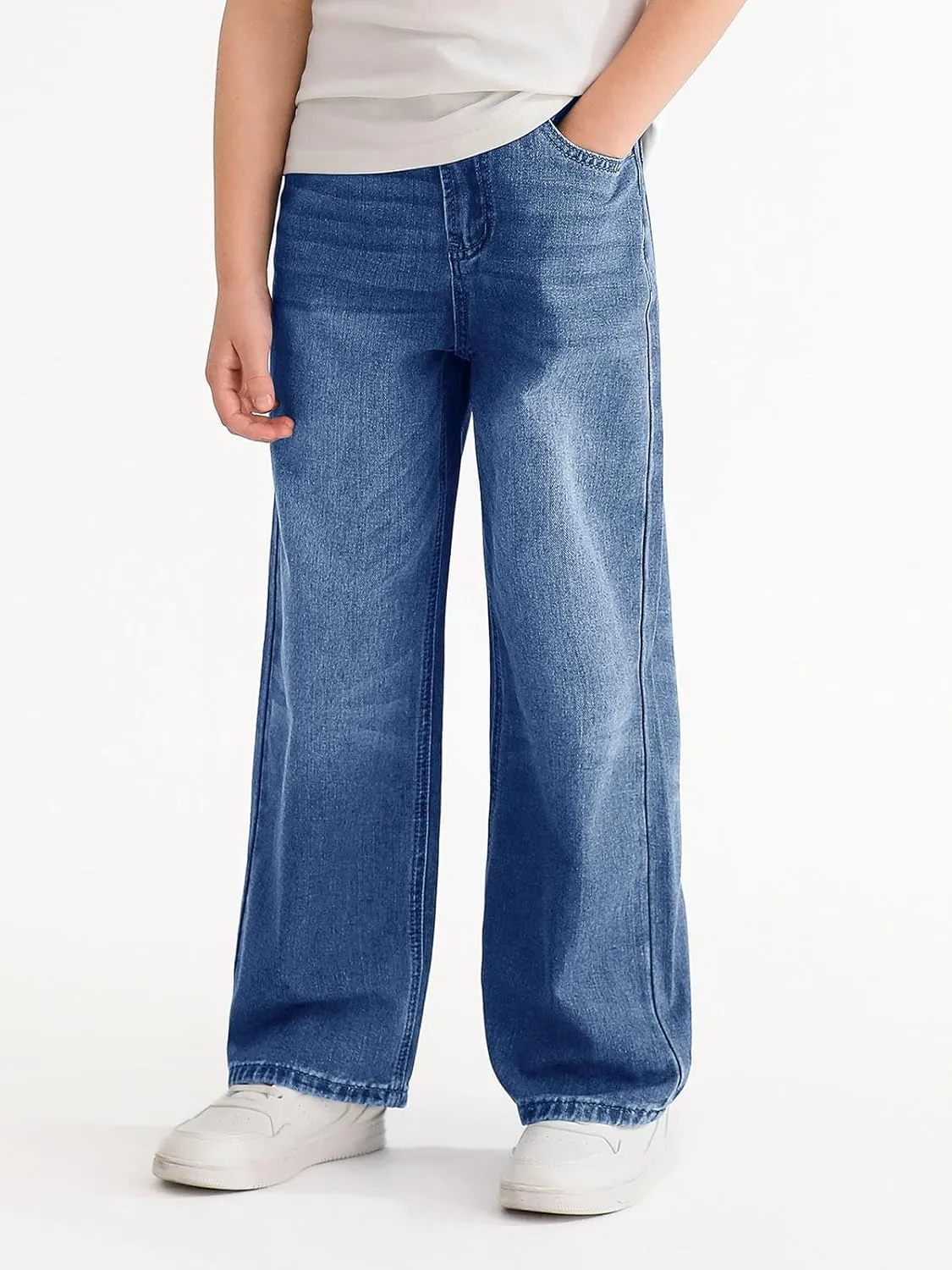 Haloumoning Boys Casual Baggy Denim Pants Kids Elastic Waist Wide Leg Jeans with Pockets 5-14 Years