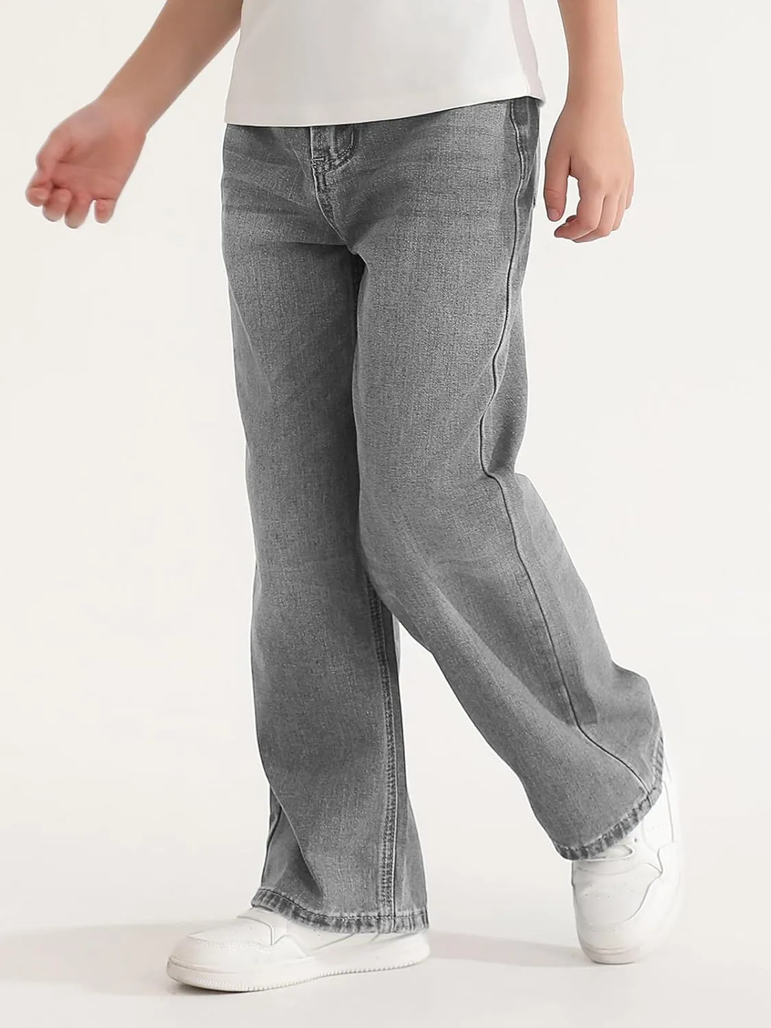 Haloumoning Boys Casual Baggy Denim Pants Kids Elastic Waist Wide Leg Jeans with Pockets 5-14 Years
