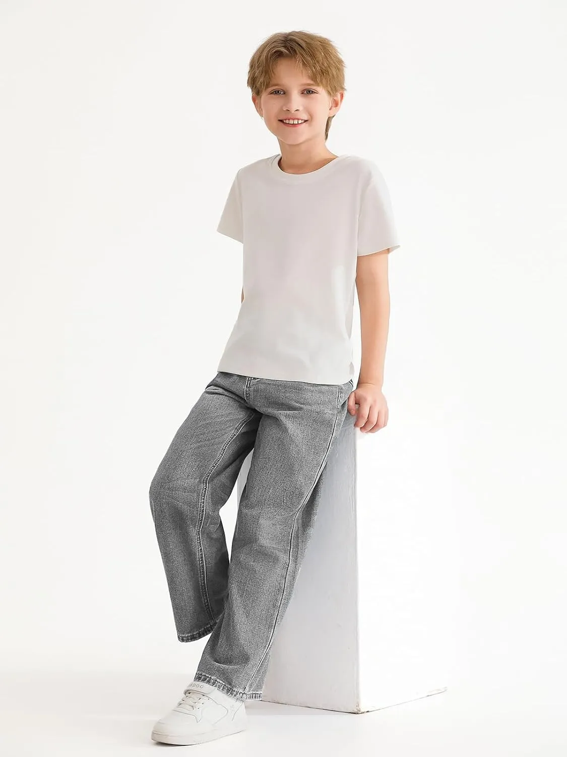 Haloumoning Boys Casual Baggy Denim Pants Kids Elastic Waist Wide Leg Jeans with Pockets 5-14 Years