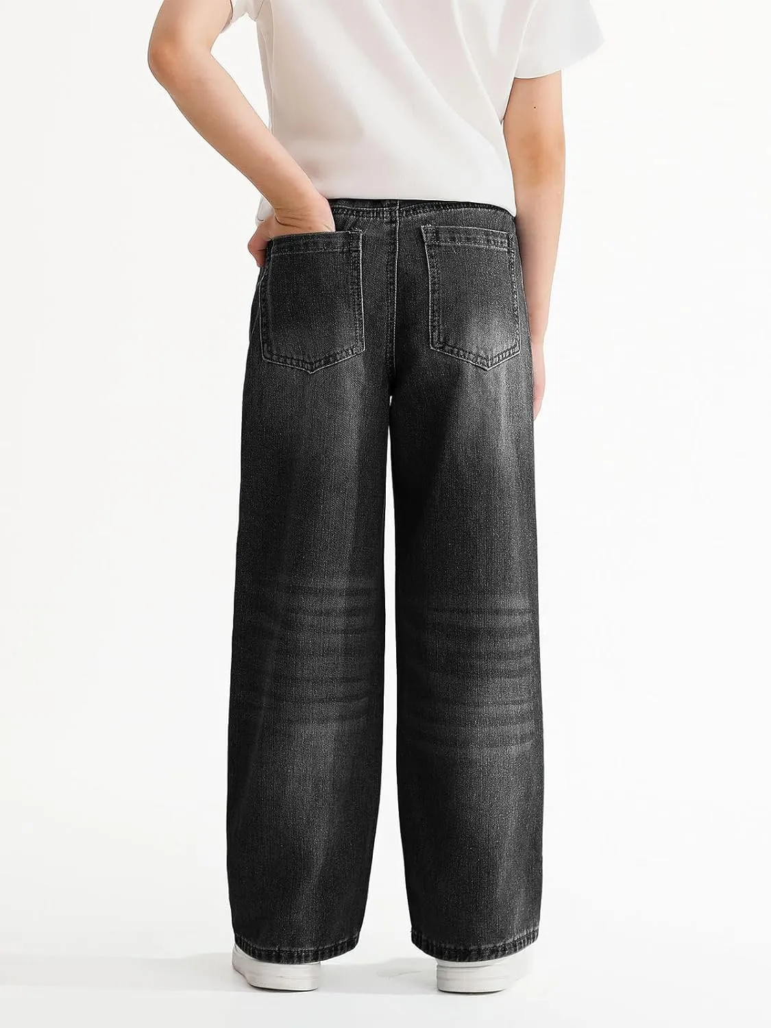 Haloumoning Boys Casual Baggy Denim Pants Kids Elastic Waist Wide Leg Jeans with Pockets 5-14 Years
