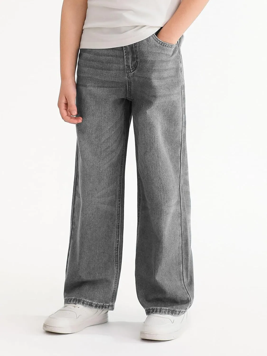 Haloumoning Boys Casual Baggy Denim Pants Kids Elastic Waist Wide Leg Jeans with Pockets 5-14 Years