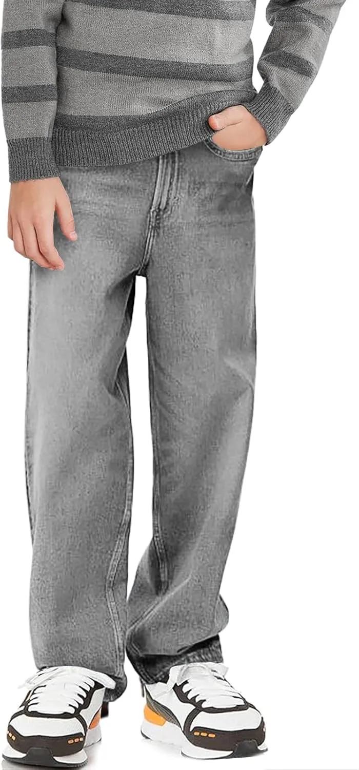 Haloumoning Boys Casual Baggy Denim Pants Kids Elastic Waist Wide Leg Jeans with Pockets 5-14 Years