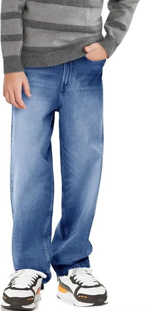 Haloumoning Boys Casual Baggy Denim Pants Kids Elastic Waist Wide Leg Jeans with Pockets 5-14 Years