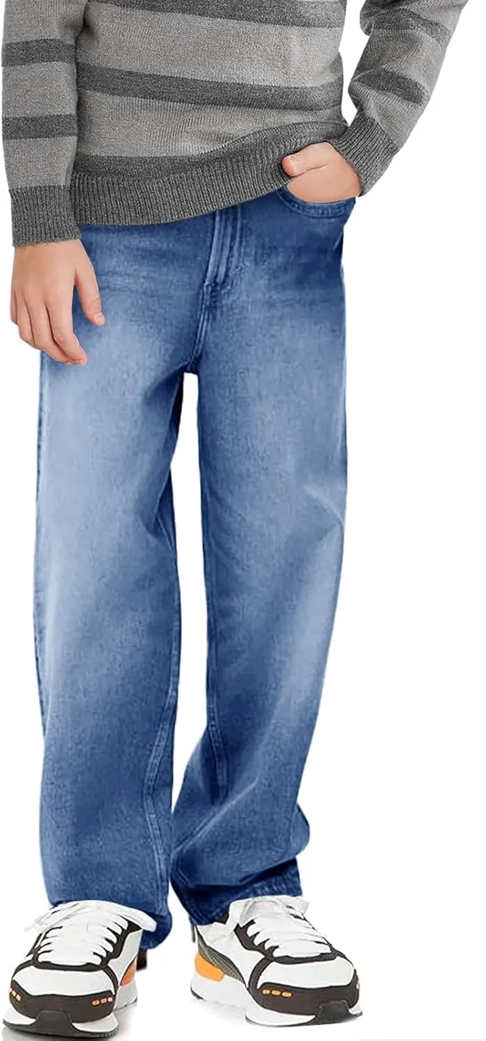 Haloumoning Boys Casual Baggy Denim Pants Kids Elastic Waist Wide Leg Jeans with Pockets 5-14 Years