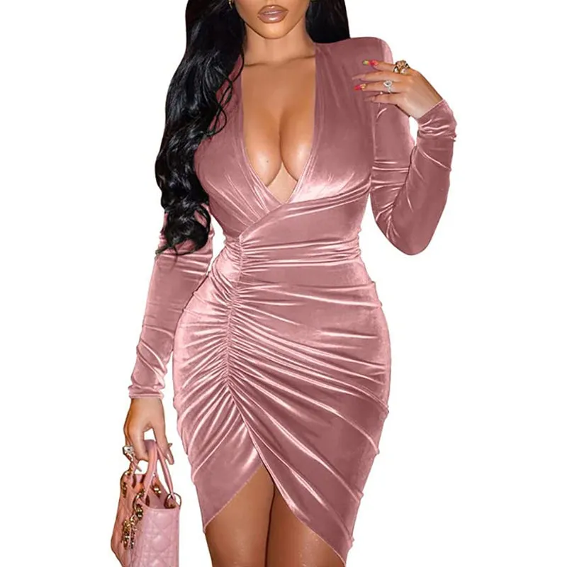 HANERDUN Women's Long Sleeve V Neck Ruched Bodycon Wrap Sexy Cocktail Club Mini Dress