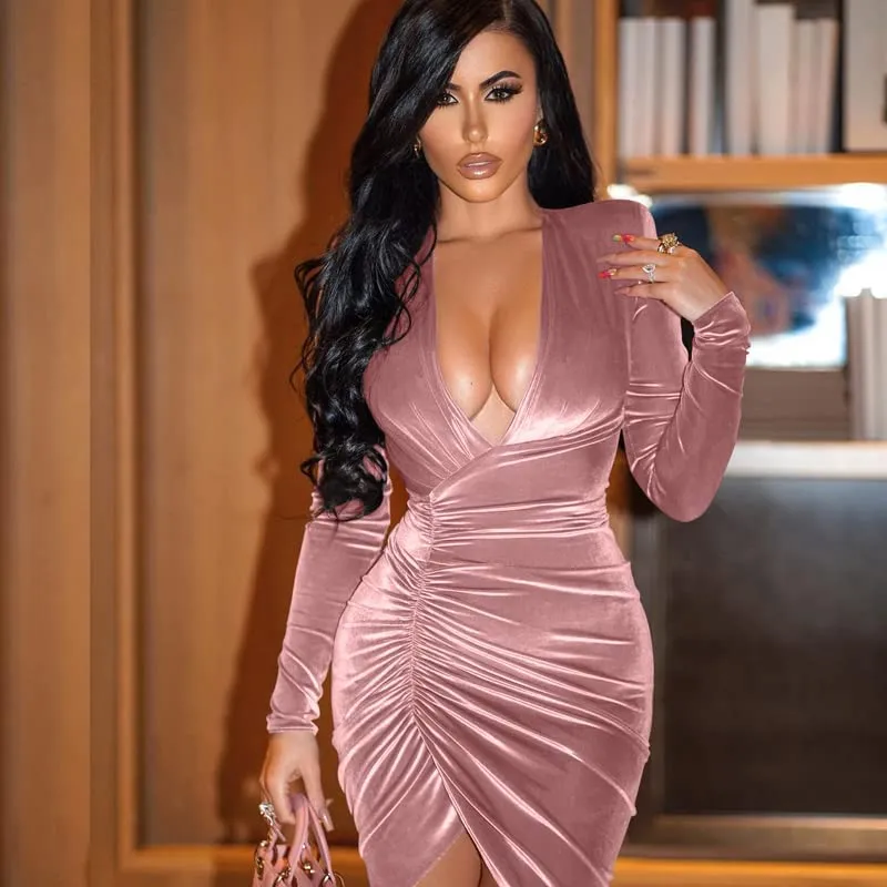 HANERDUN Women's Long Sleeve V Neck Ruched Bodycon Wrap Sexy Cocktail Club Mini Dress