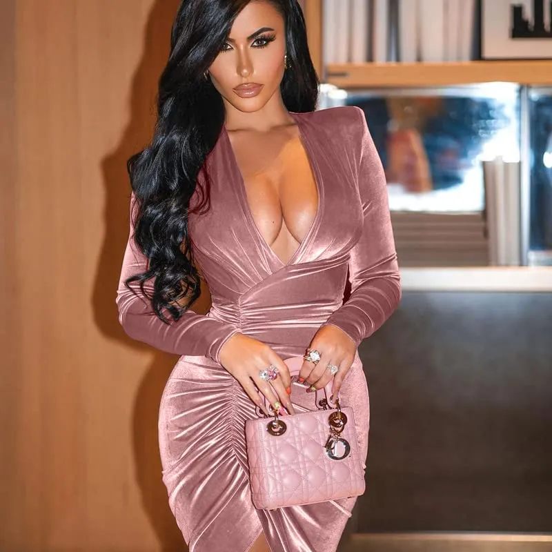 HANERDUN Women's Long Sleeve V Neck Ruched Bodycon Wrap Sexy Cocktail Club Mini Dress