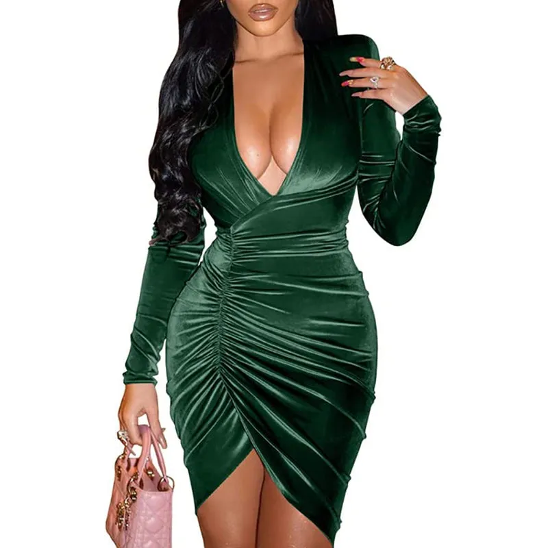 HANERDUN Women's Long Sleeve V Neck Ruched Bodycon Wrap Sexy Cocktail Club Mini Dress