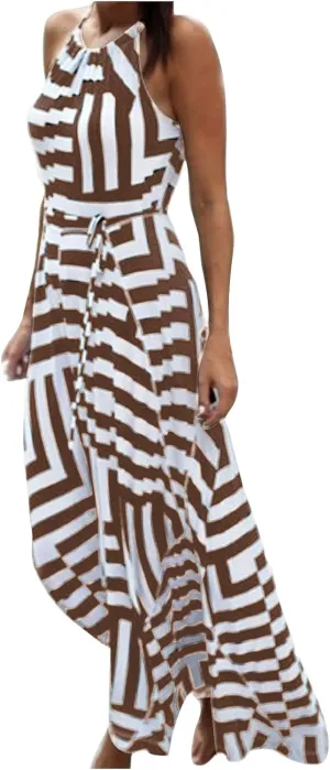 HGps8w Flowy Halter Dresses for Women Striped Sundress Summer Sleeveless Ruffle A Line Beach Vacation Maxi Dress