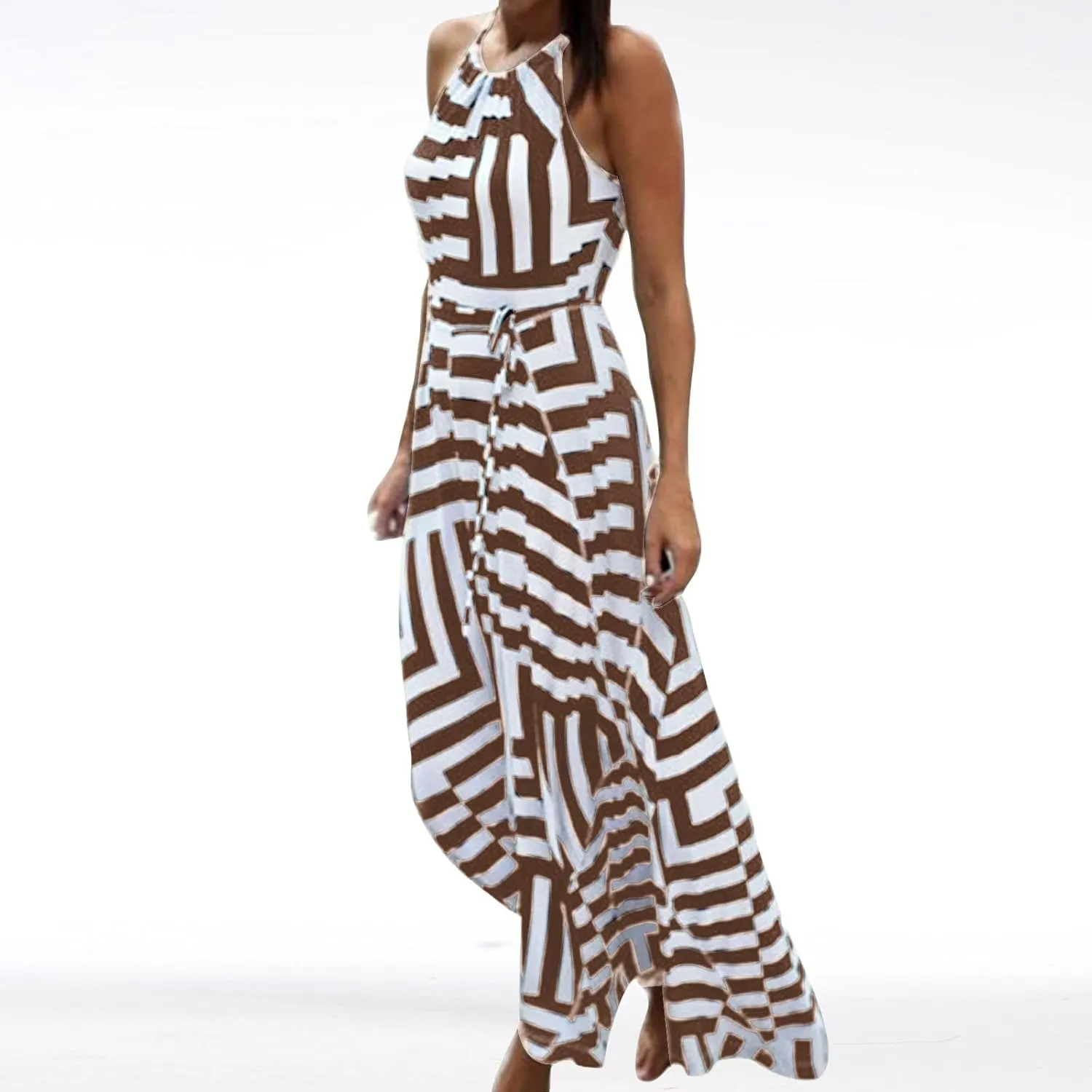 HGps8w Flowy Halter Dresses for Women Striped Sundress Summer Sleeveless Ruffle A Line Beach Vacation Maxi Dress