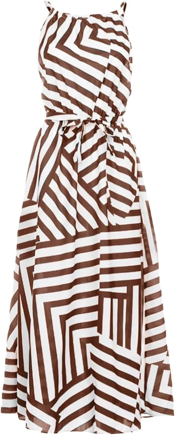 HGps8w Flowy Halter Dresses for Women Striped Sundress Summer Sleeveless Ruffle A Line Beach Vacation Maxi Dress