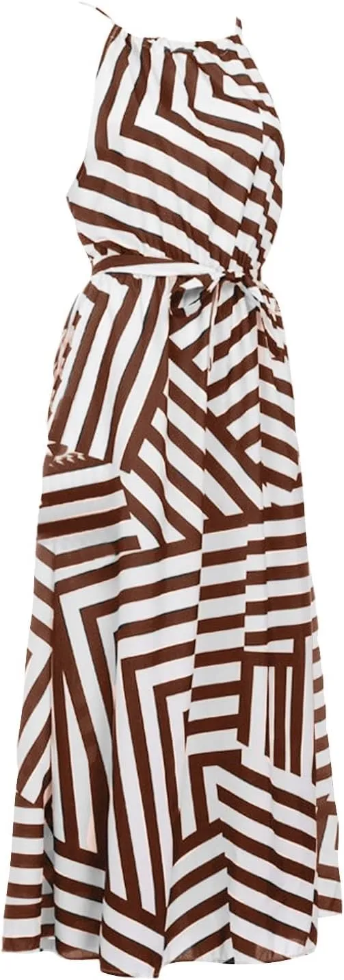 HGps8w Flowy Halter Dresses for Women Striped Sundress Summer Sleeveless Ruffle A Line Beach Vacation Maxi Dress